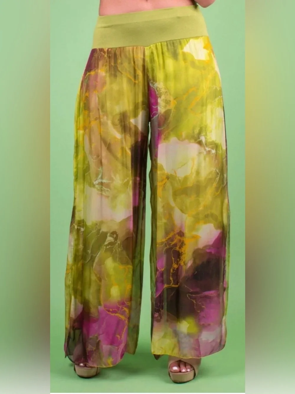 Lime & Pink Watercolor Wide-Leg Palazzo Pants